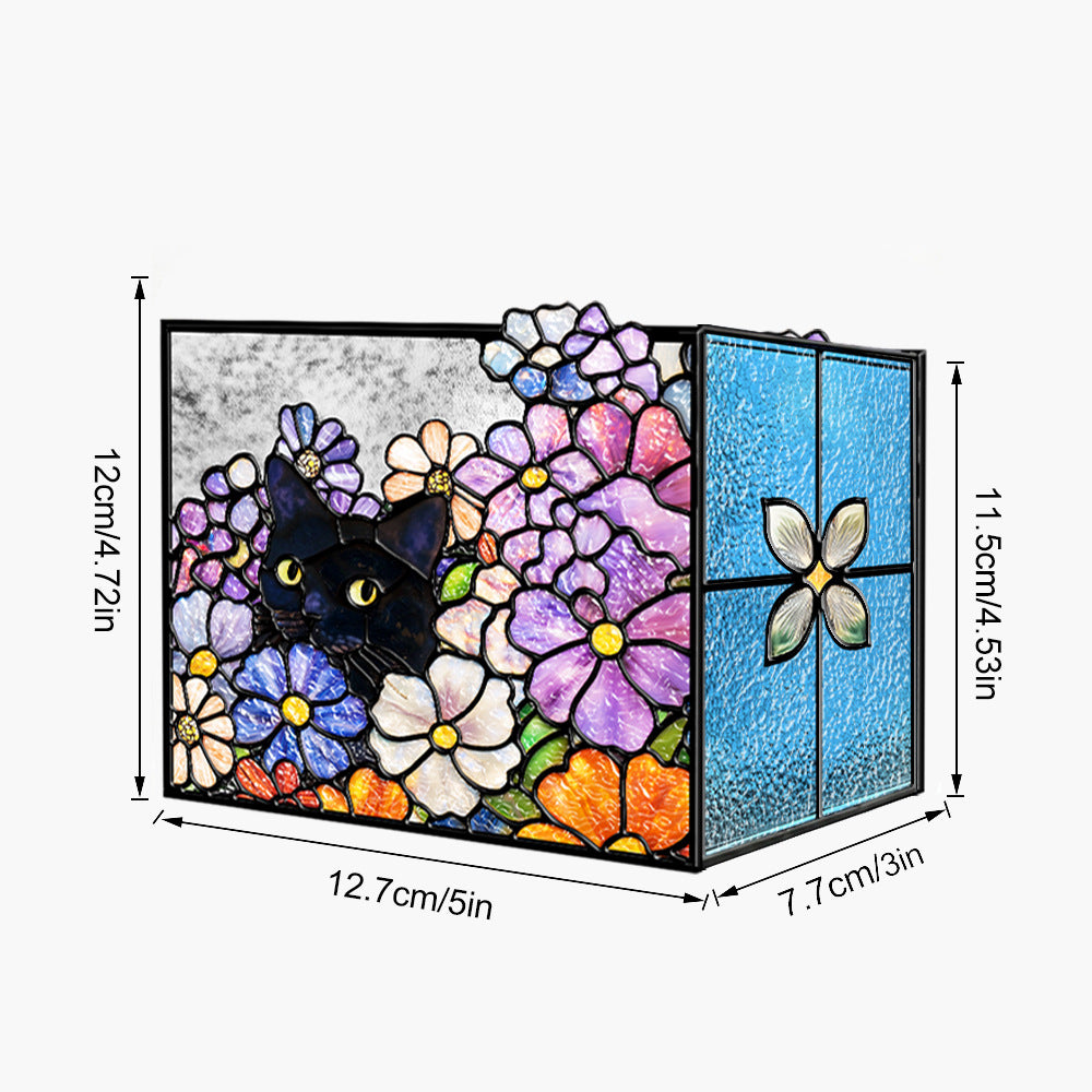 Black cat among purple flowers desk organizer design with dimensions