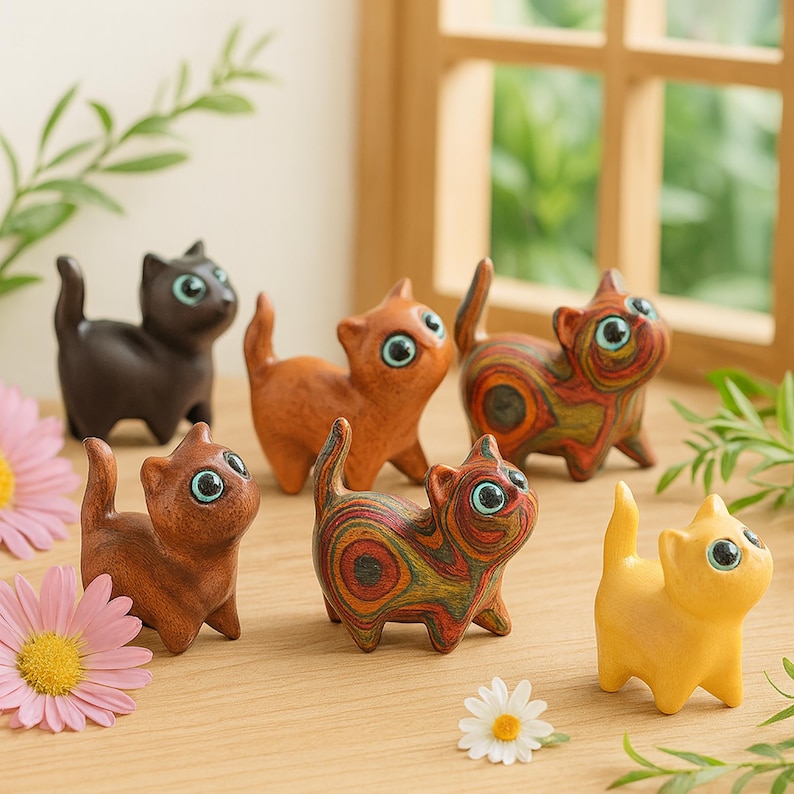 May include: Six small cat ornaments in shades of brown, orange, and yellow. Some cats have a wood grain effect. Each figurine has large, round eyes and a playful stance. Ideal for home decoration, these cat ornaments are a charming addition.