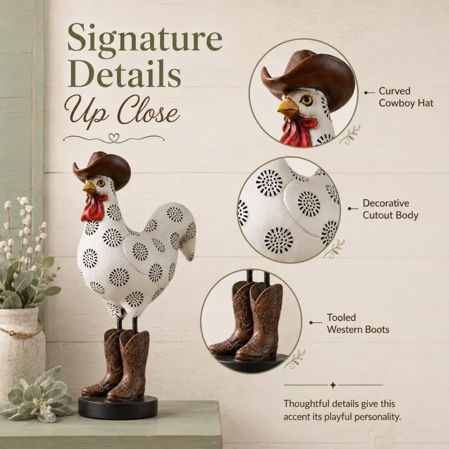 Cowboy rooster figurine signature details