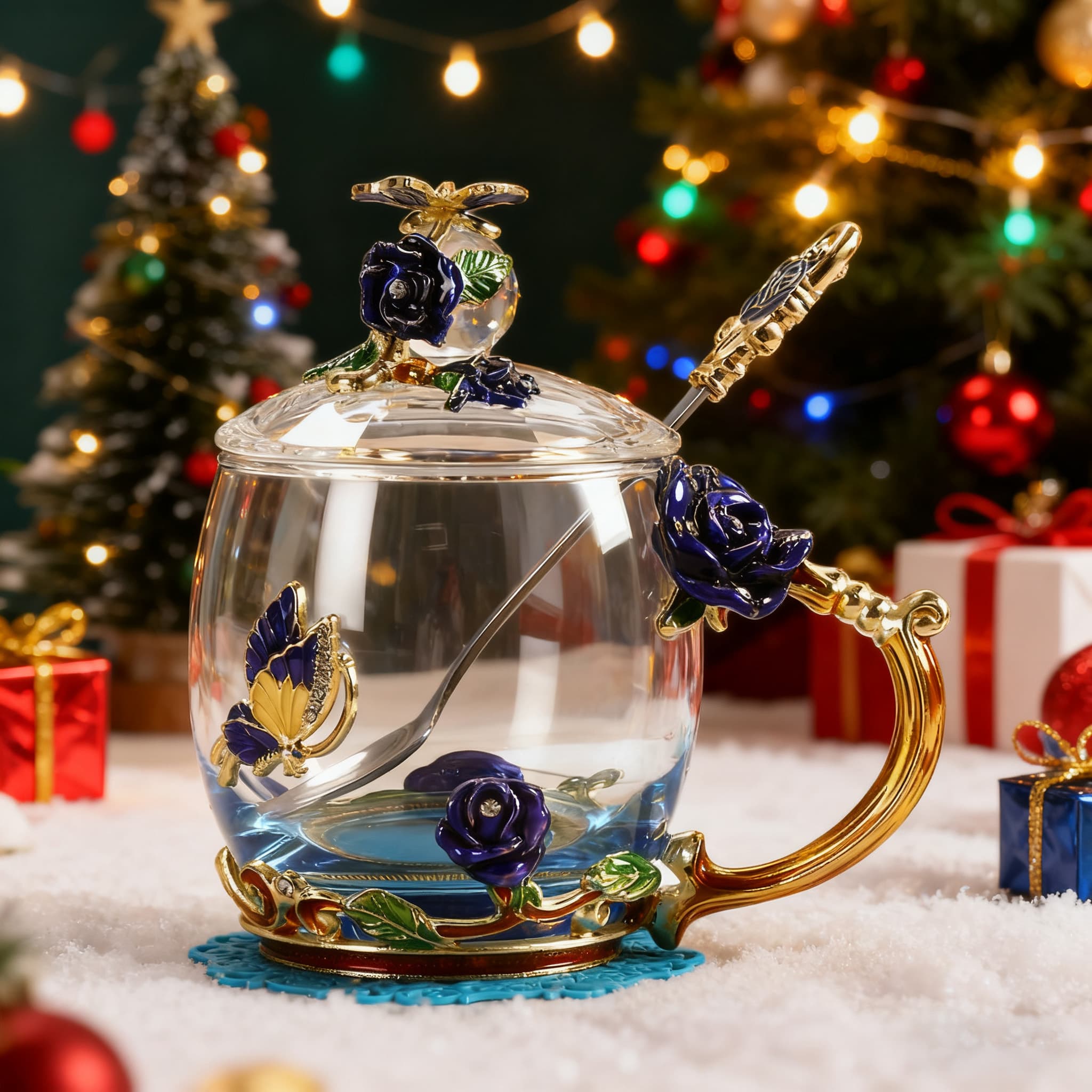Flower Teacup Transparent Glass Teacup With Spoon and Lid