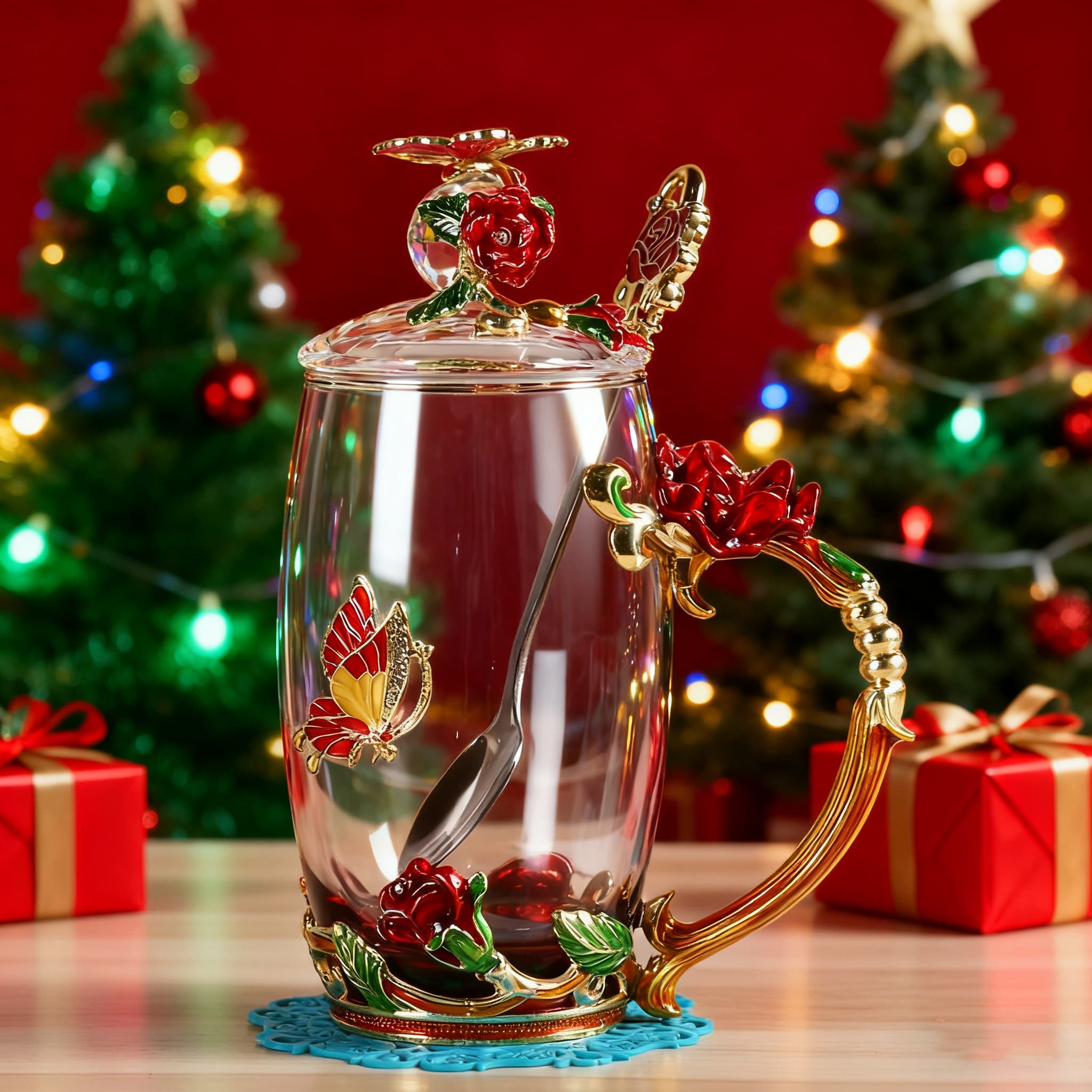 Flower Teacup Transparent Glass Teacup With Spoon and Lid