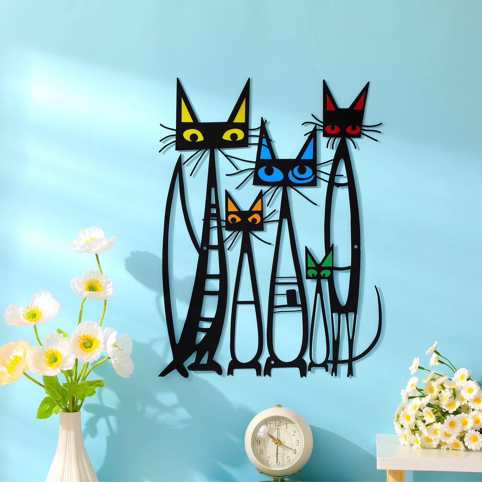 Colorful Mid-Century Cat Family Iron Wall Art Decor