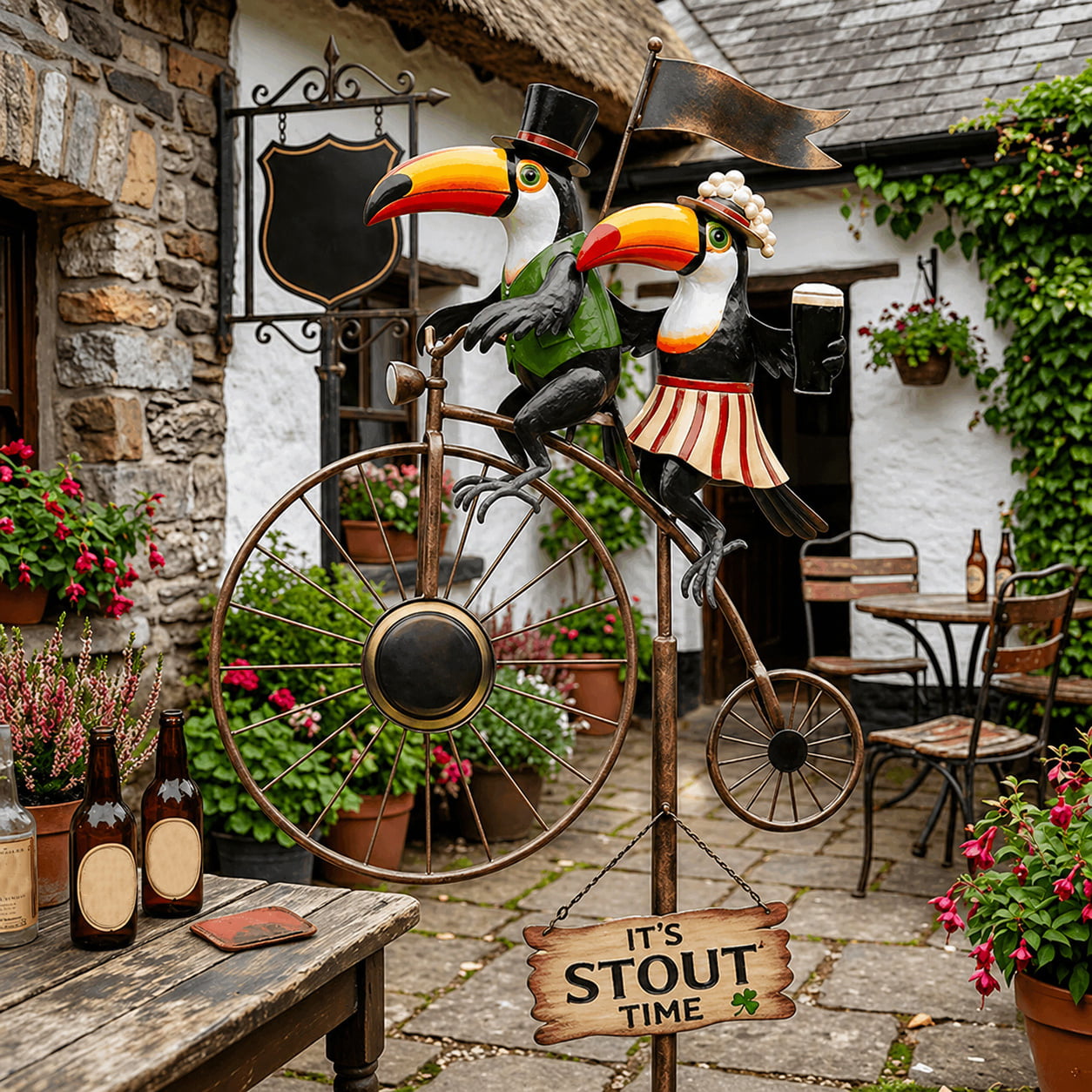 Classic Toucan & Penny‑Farthing Bicycle Garden Wind Spinner