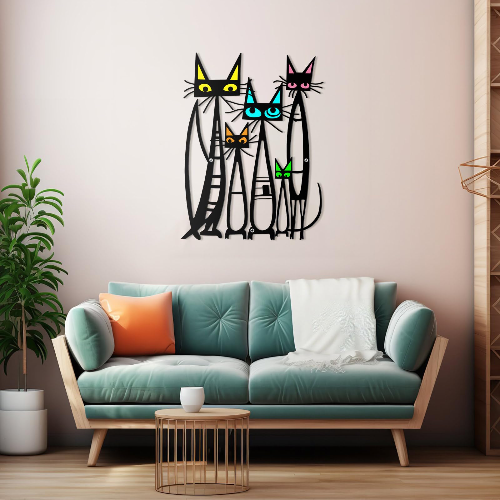 Colorful Mid-Century Cat Family Iron Wall Art Decor