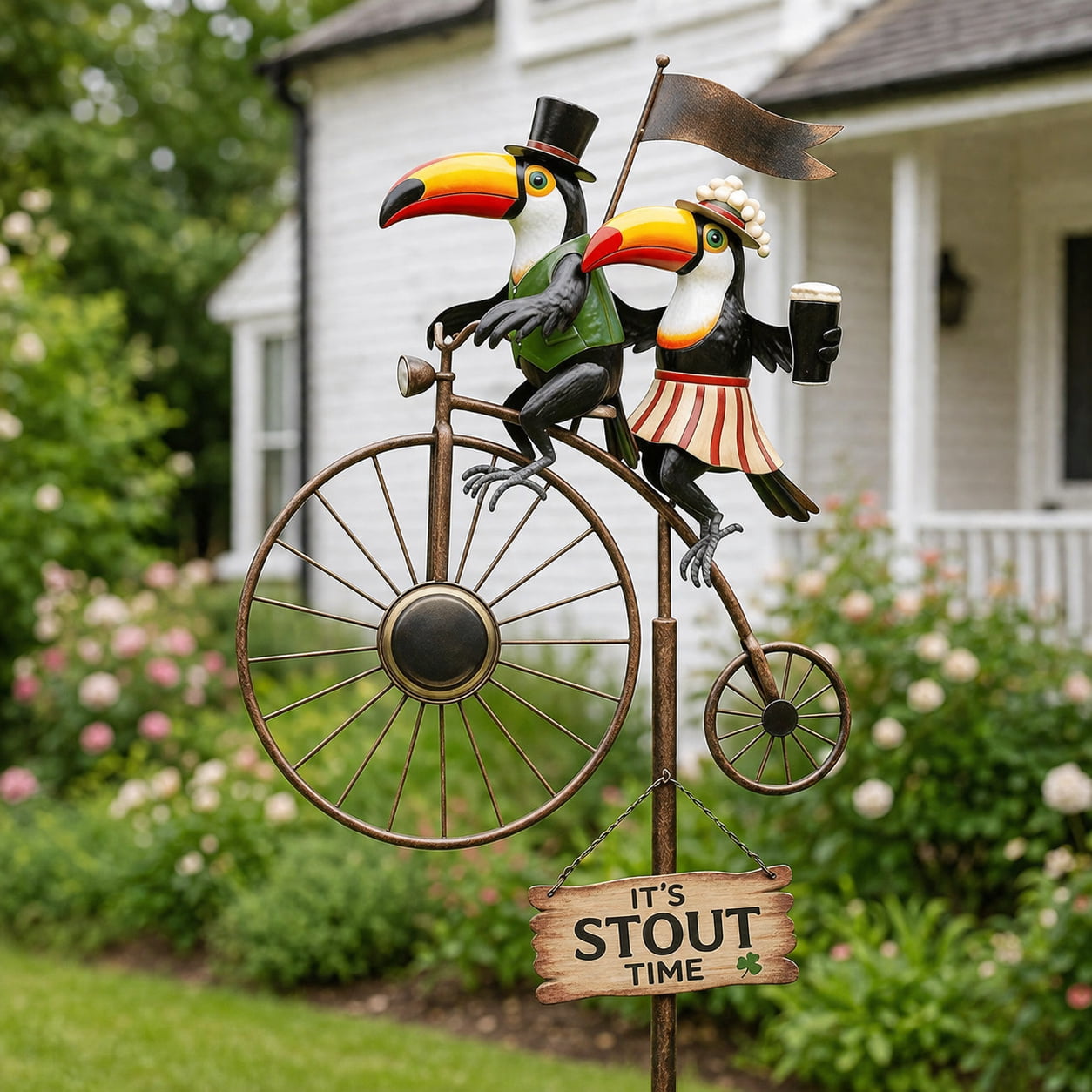 Classic Toucan & Penny‑Farthing Bicycle Garden Wind Spinner