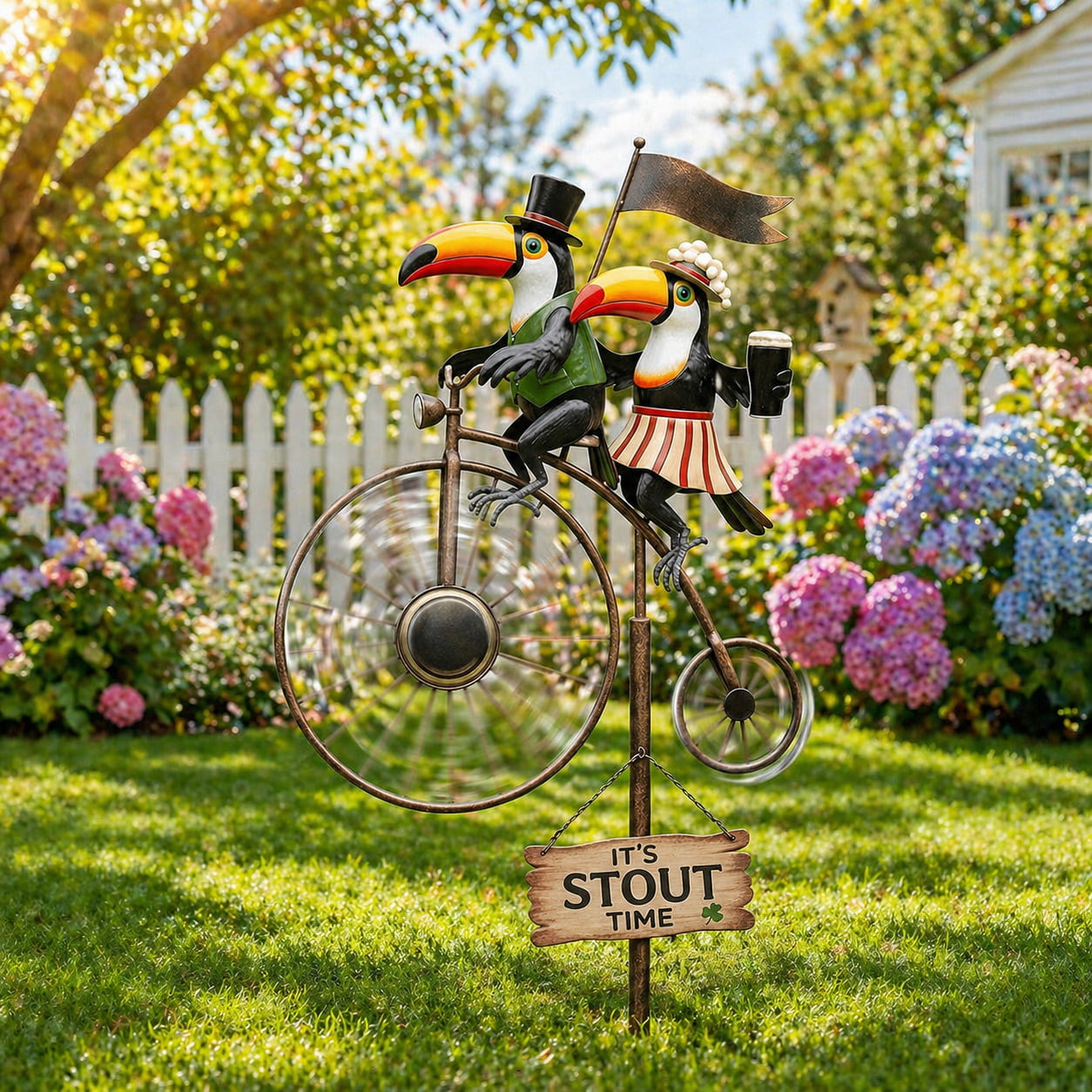 Classic Toucan & Penny‑Farthing Bicycle Garden Wind Spinner