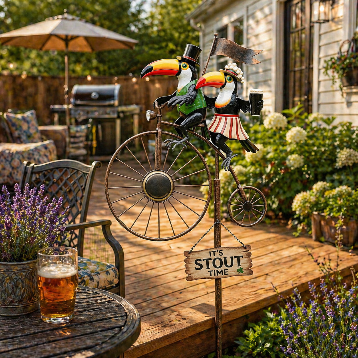 Classic Toucan & Penny‑Farthing Bicycle Garden Wind Spinner