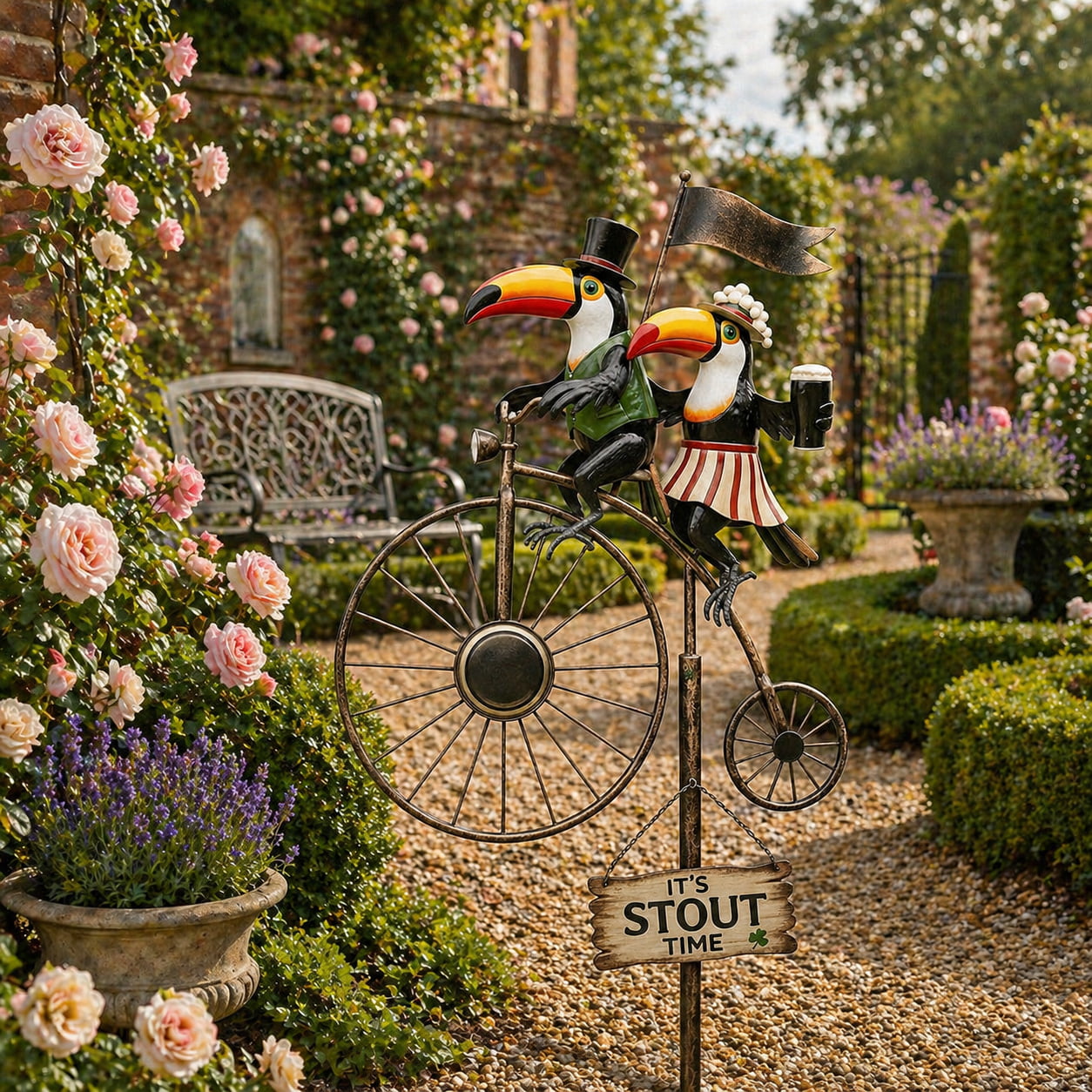 Classic Toucan & Penny‑Farthing Bicycle Garden Wind Spinner