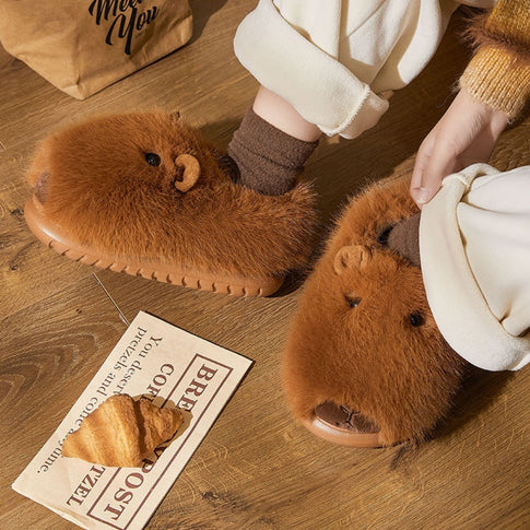Plush Capybara Slip-On Slippers | Fluffy Indoor Shoes