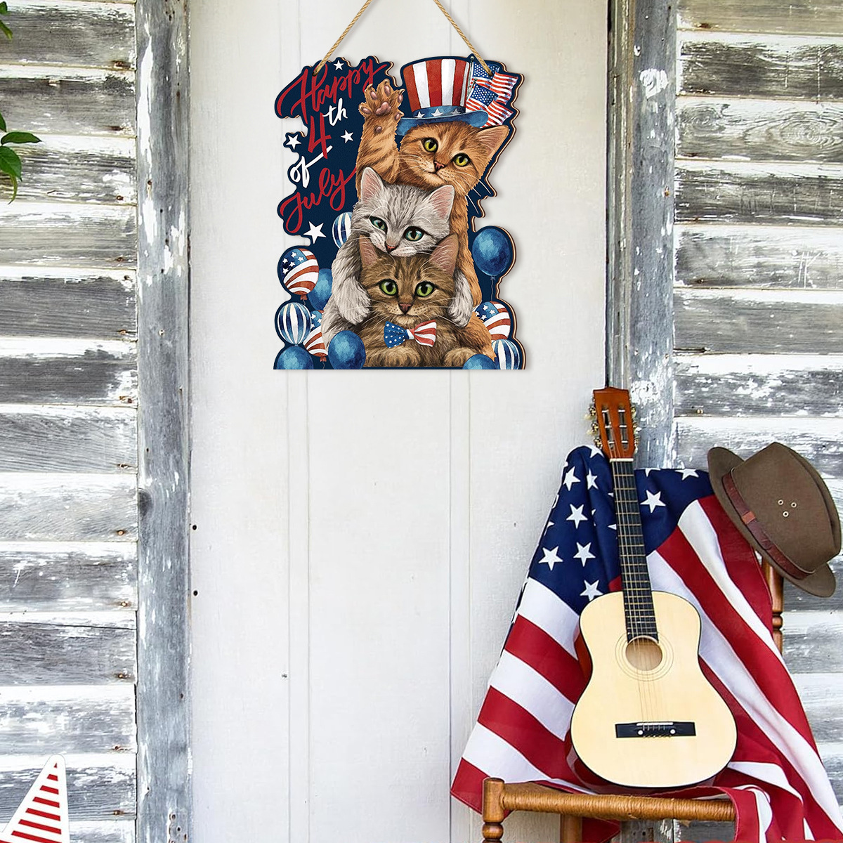 Spring's Furry Welcome!-Black Cat Doorplate with Daisy Wreath-Patriotic Cat Lover's Dream!