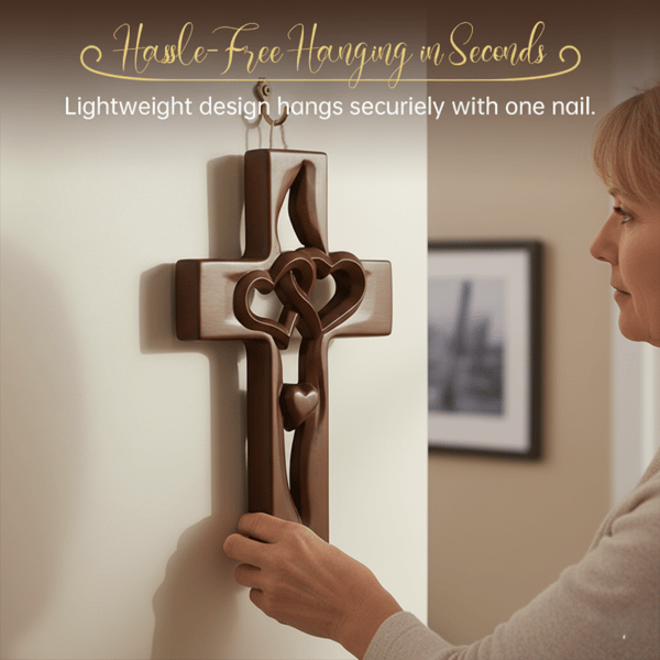 Hand-Carved Intertwined Hearts Wooden Cross