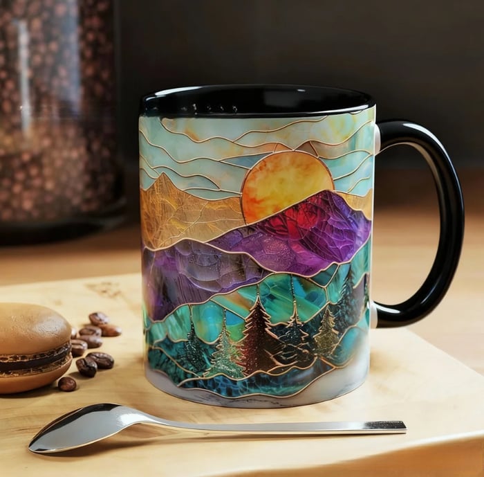☀️ Sunset in Your Hands | Stained Glass Mountain Mug