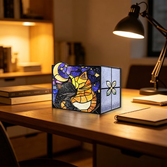 Cat and crescent moon organizer on a warm home-office desk