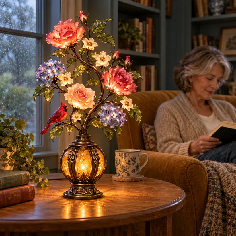 Eternal Bloom table lamp glowing warmly Eternal Bloom table lamp glowing warmly