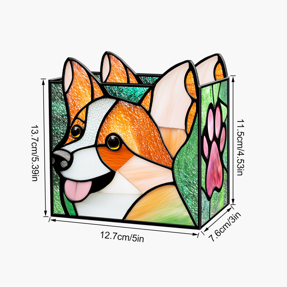 Corgi stained-glass-style organizer with width depth and height measurements