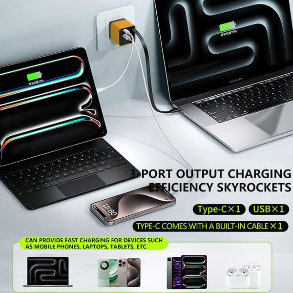 3 in 1 GaN Charger,Scalable 80W MAX fast charger module with Type-C cable and 2 USB ports