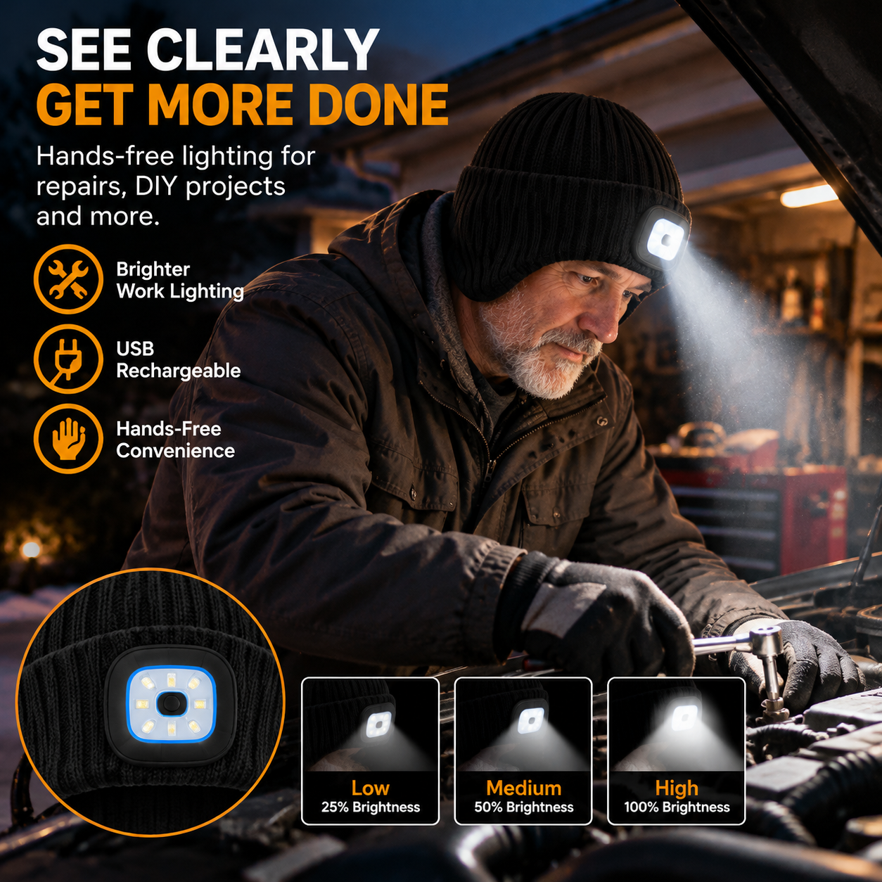Classic Ribbed LED Beanie with Ear Coverage – USB Rechargeable Hands-Free Light
