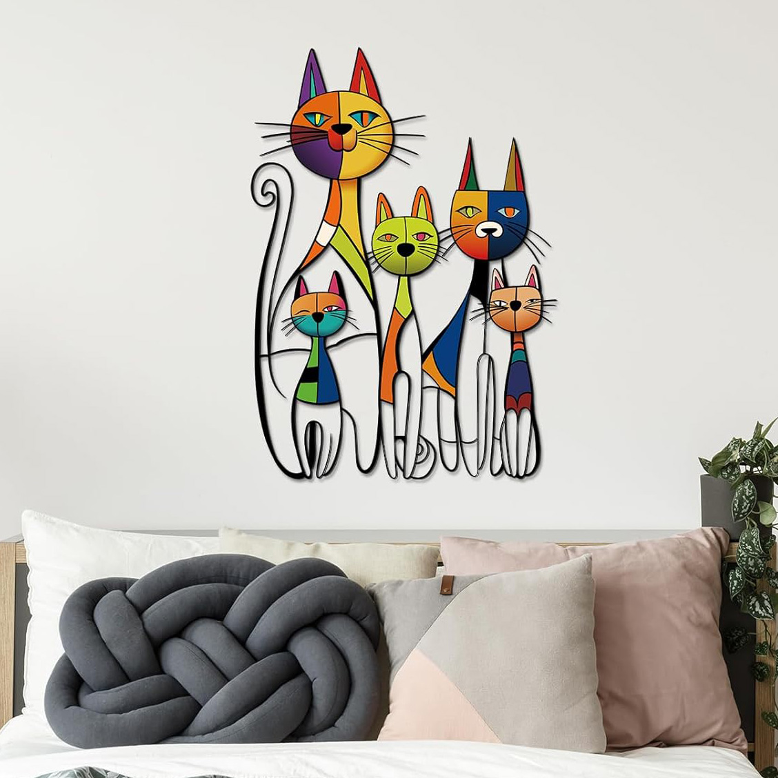 Colorful Mid-Century Cat Family Iron Wall Art Decor