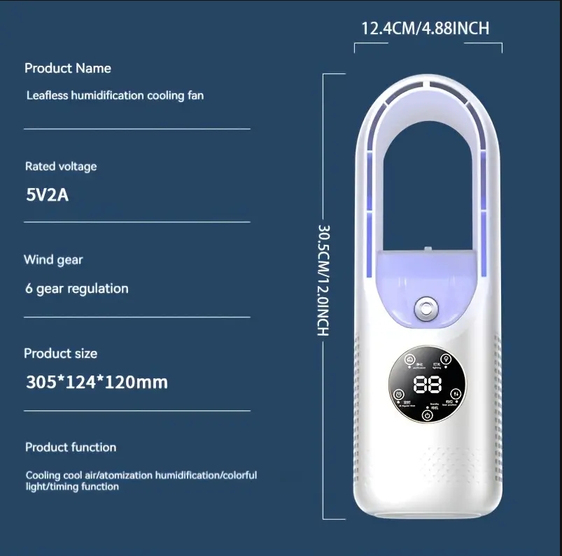 Portable USB Air Cooler Leafless Electric Fan 6 Speed Silent Timer Air Conditioner Cooling Fan Humidifier Conditioning Fan