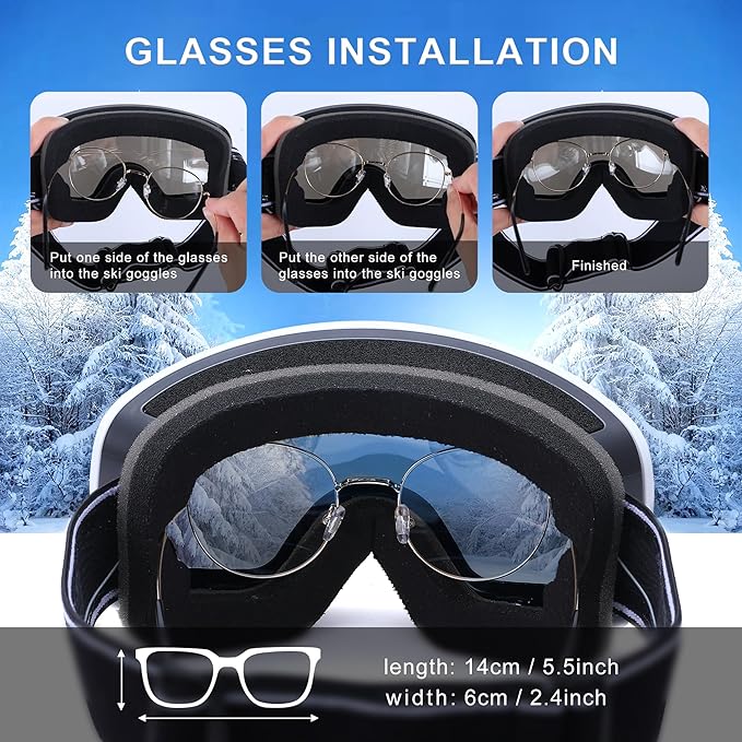 Ski Goggles with UV Protection, Anti Fog Over Glasses
