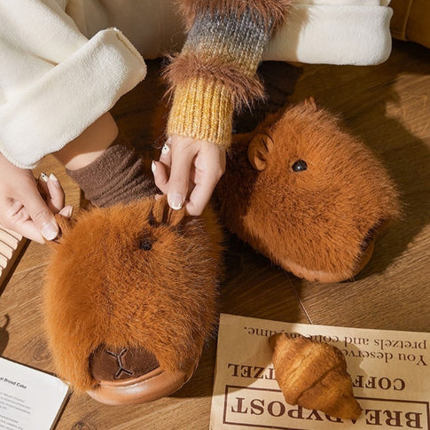 Plush Capybara Slip-On Slippers | Fluffy Indoor Shoes
