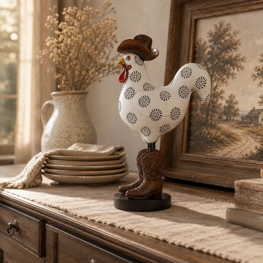 Customer holding western rooster figurine