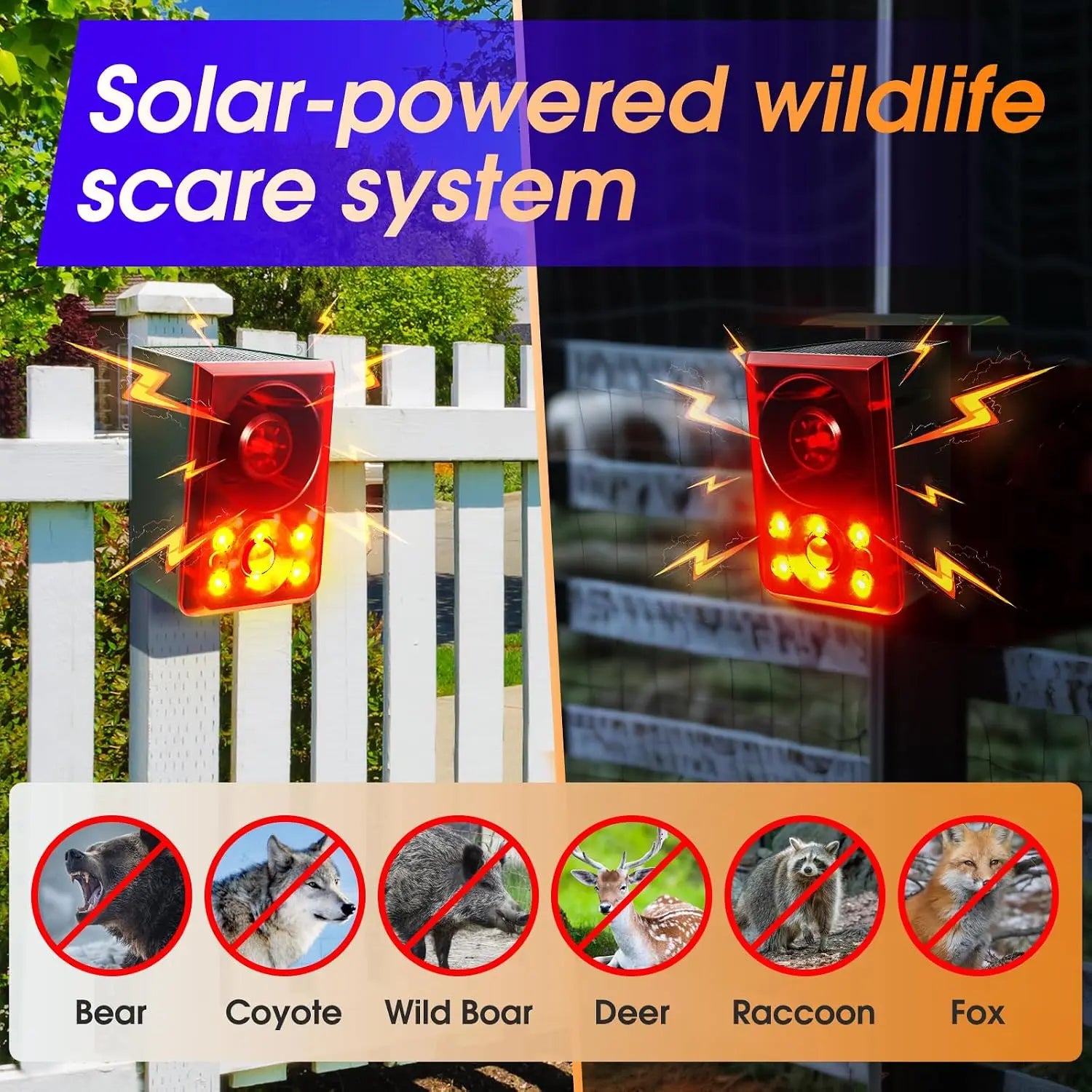 Solar wildlife deterrent alarm features