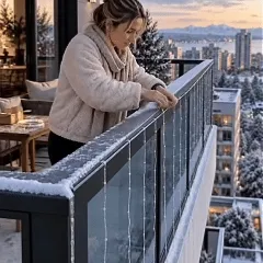 Smart LED curtain lighting creating an animated Christmas balcony display