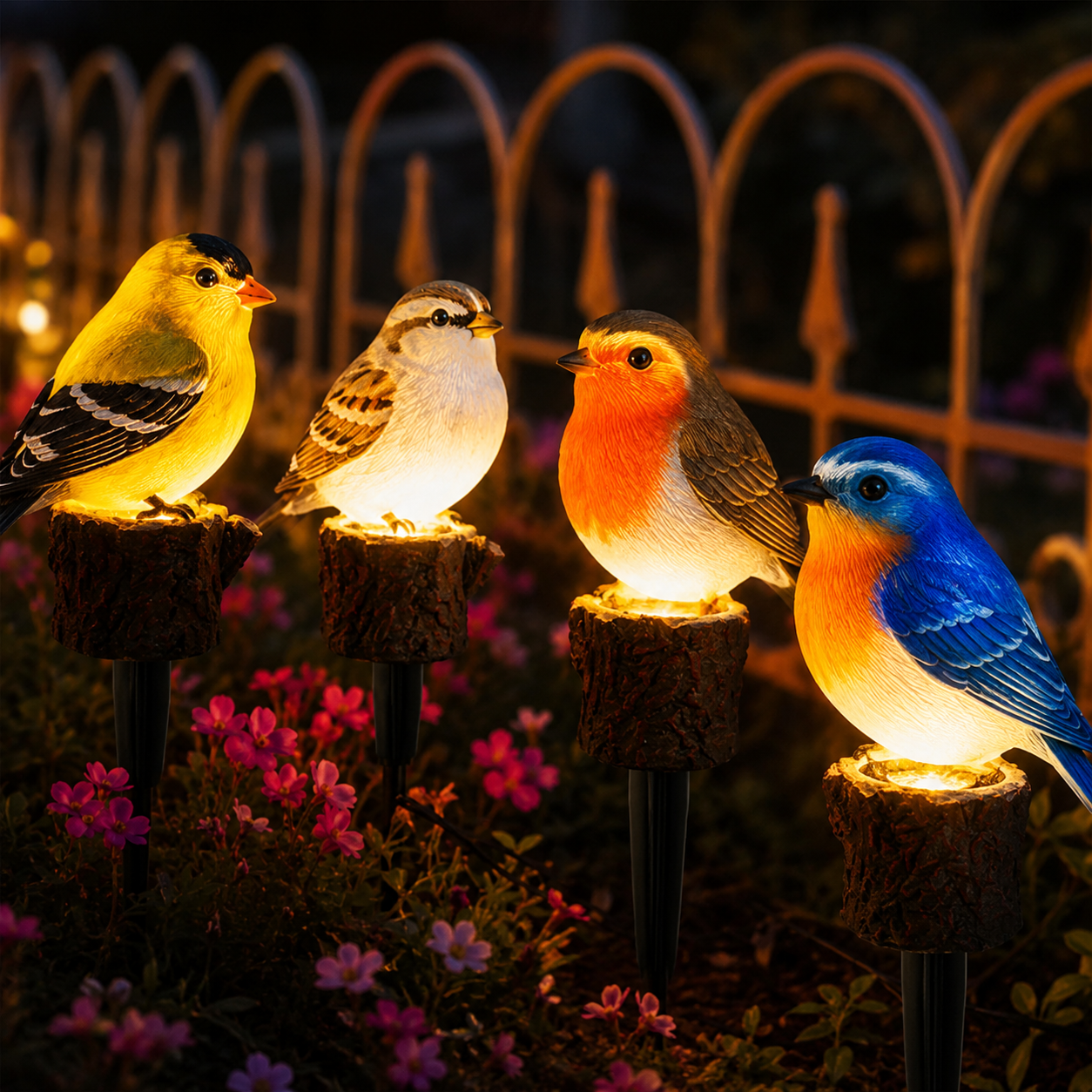 Solar Bird Garden Stake Lights — Set of 4