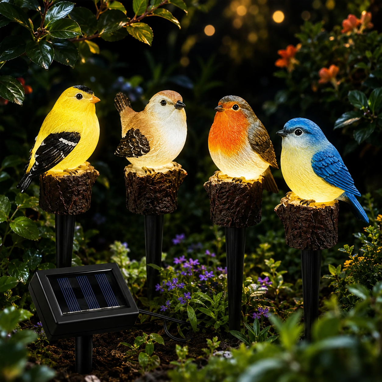 Solar Bird Garden Stake Lights — Set of 4