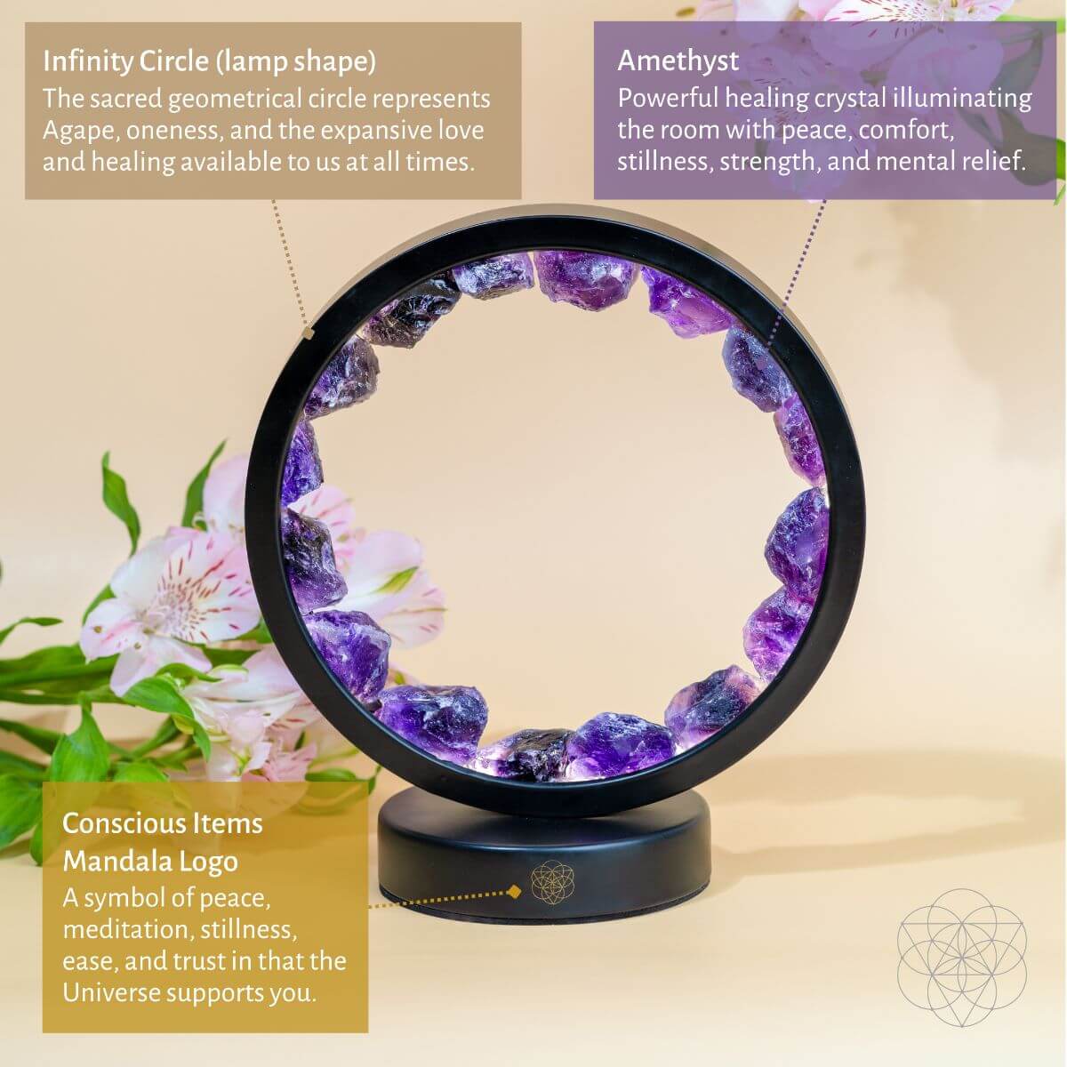 Amethyst Night Lamp 8.6" Natural Healing Crystal Bedside Lamp