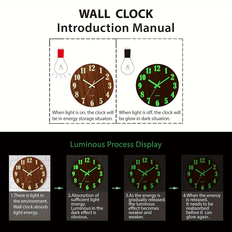 12-Inch Glow-in-the-Dark Sillent Wooden Wall Clock