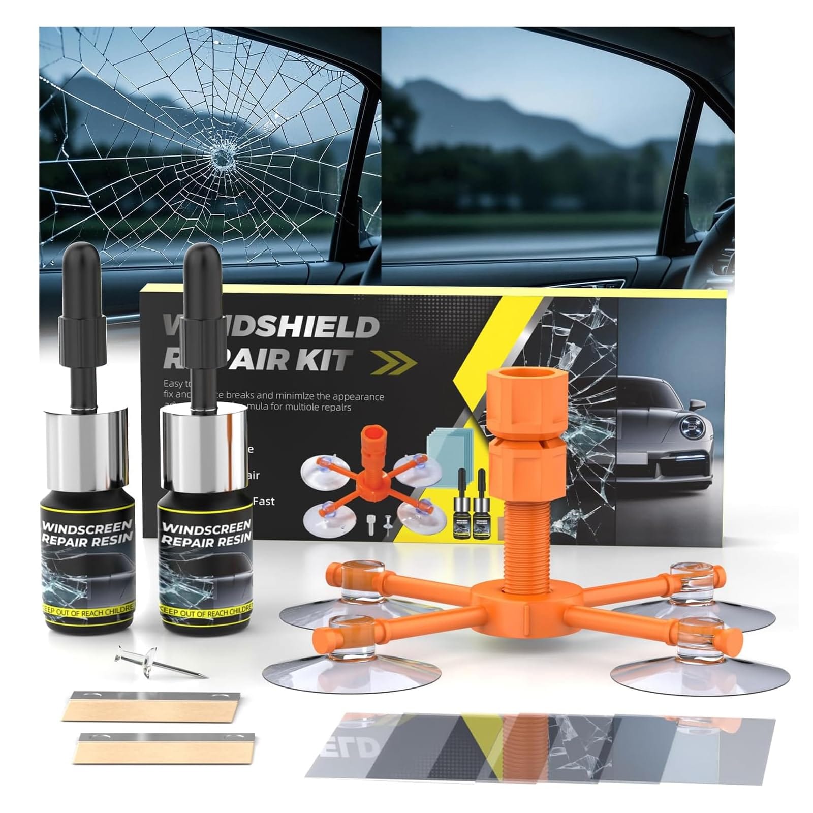 DIY Windshield Chip Repair Kit 2 Pack With UV Activated Resin, Advanced Injection Head And Suction Cup, Car Glass Repair