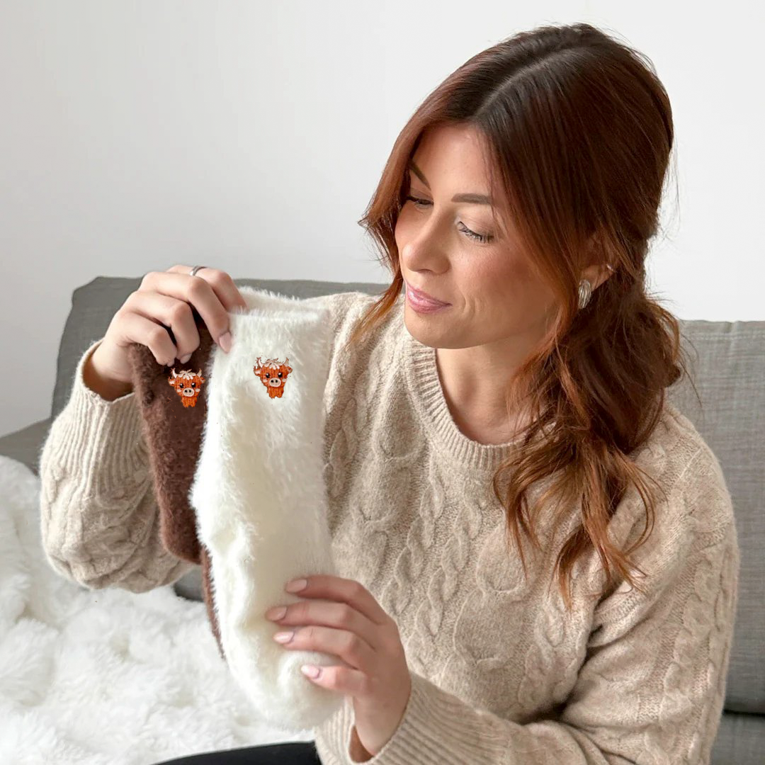 🐮🧦 Fuzzy Highland Cow Socks – Ultra-soft plush socks with embroidered cows for women! ✨🐮