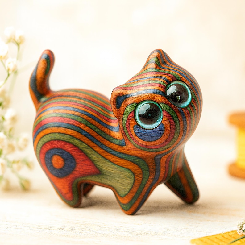 May include: A wooden cat figurine with a vibrant, striped pattern in red, orange, green, and blue. The cat has large, round, blue-green eyes and a curved tail. The figurine is a decorative item.
