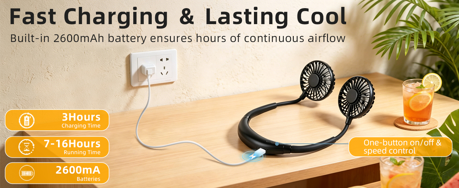 Fast Charging & Lasting Cool: Built-in 2600mAh battery ensures hours of continuous airflow