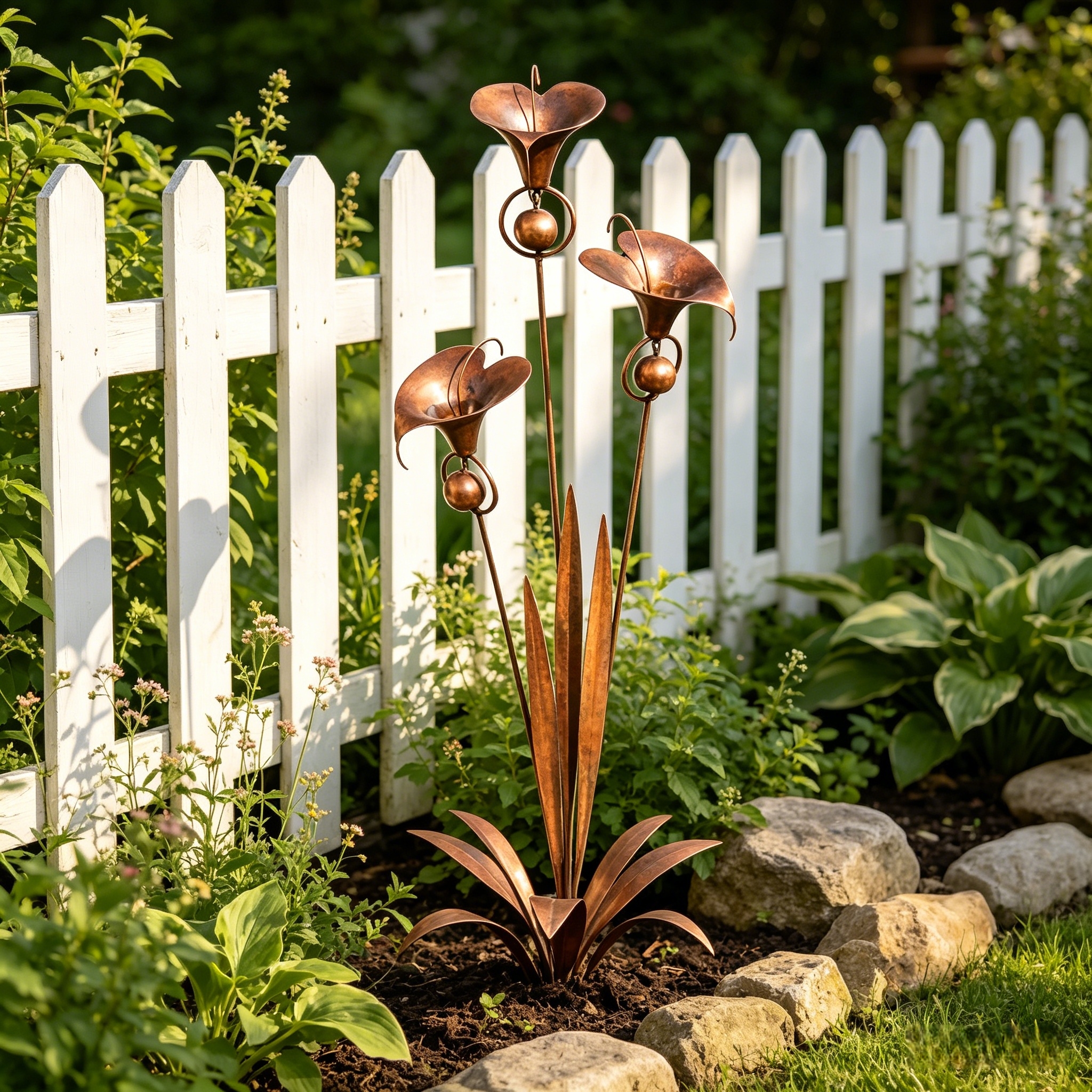 🏡Flamed Copper Three Calla Lilies Garden Stake with Bells