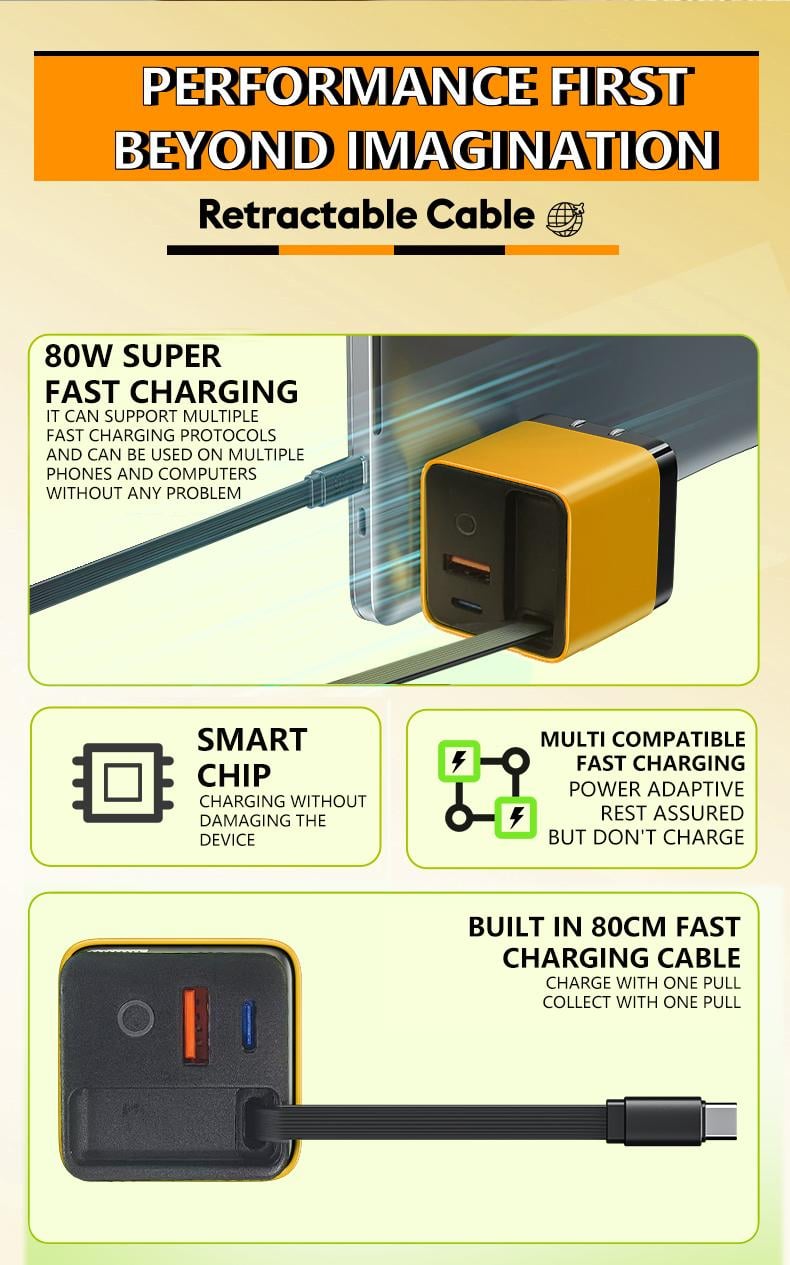 Product Introduction of TOBRBE 3 in 1 GaN Charger, Retractable 80W MAX Fast Charger Block with Type-C Cable & 2 USB Ports, Portable Adapter iPhone Smartphone Electronic, Yellow, Cellphone, Folding Charging 2