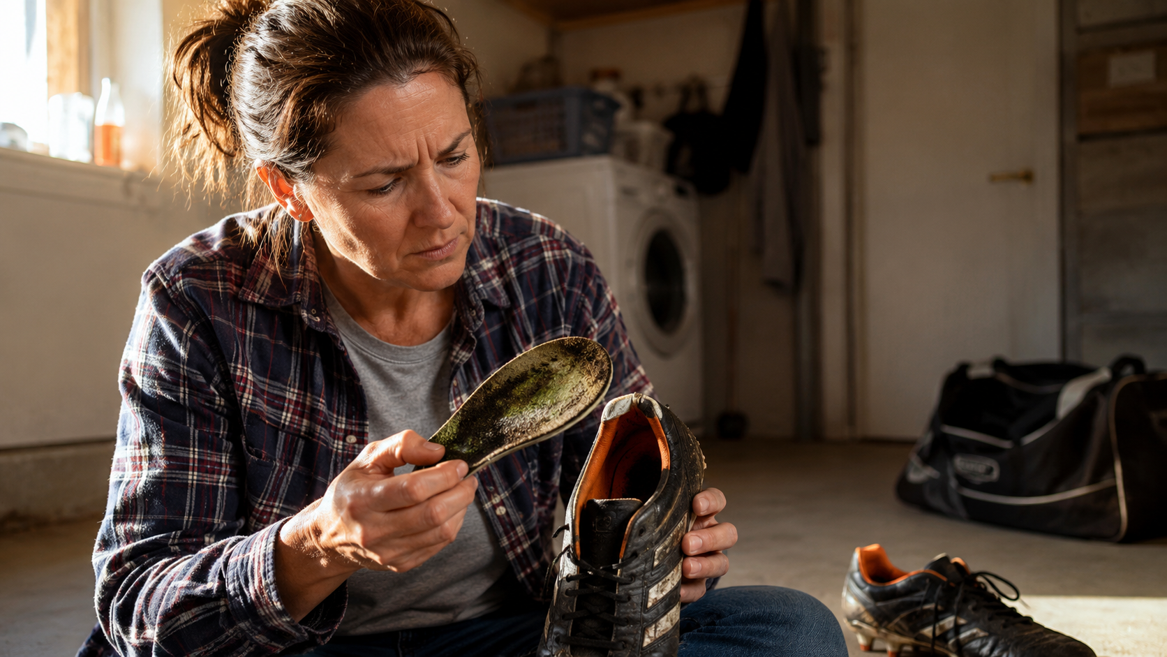 A mother inspecting the inside of her son's sports cleat