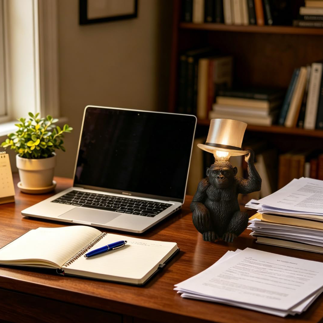 Monkey Table Lamp with Top Hat – Sculptural Animal Desk Lamp