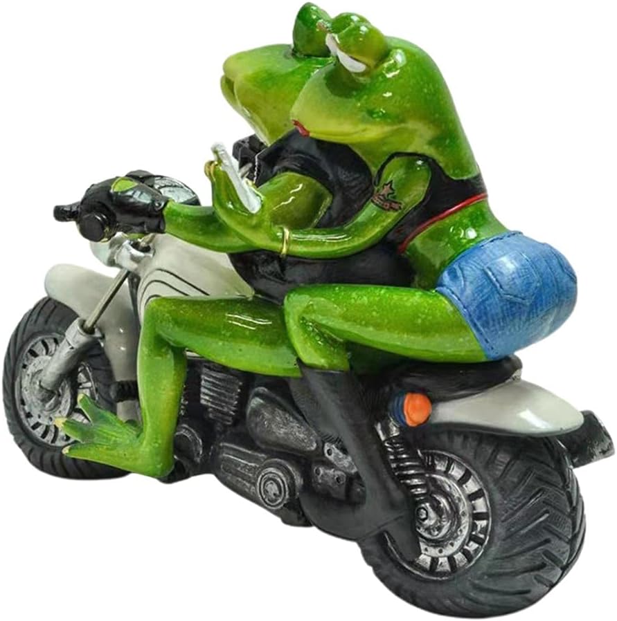 Garden Sculpture Funny Frogs Couple on Motorcycle Statues