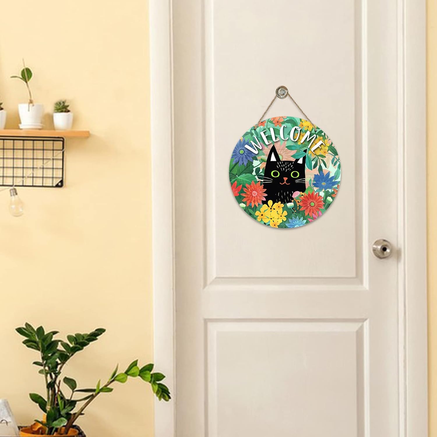 Spring's Furry Welcome!-Black Cat Doorplate with Daisy Wreath-Patriotic Cat Lover's Dream!