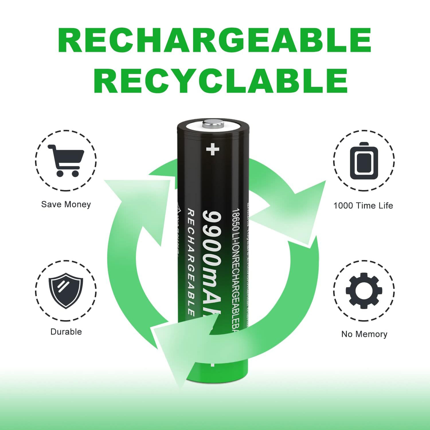 3.7 Volt Rechargeable Battery 9900mAh for Headlamp, Doorbells, Flashlight, Small Fan, etc (4 PCS)