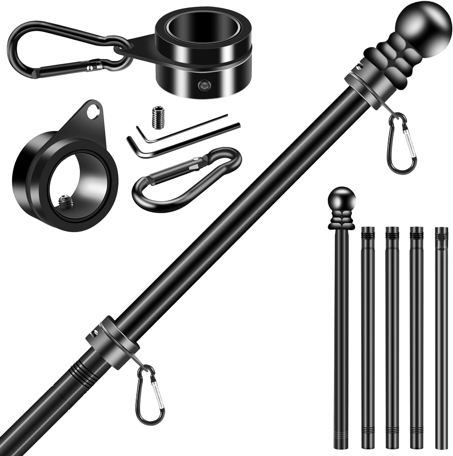 Black Flag Pole Kit for Outside House Porch, 6 FT Thickened Stainless Steel Wall Mount Flag Pole for 3x5'/4x6' American Flag, 1" Anti-Wrap Spinning Flagpole Rings (6 FT - No Bracket - Black)