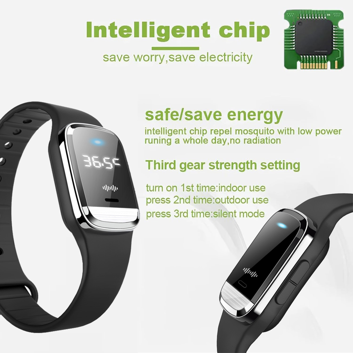 Ultrasonic Mosquito Repellent Bracelet Watch With Time And Temperature Display