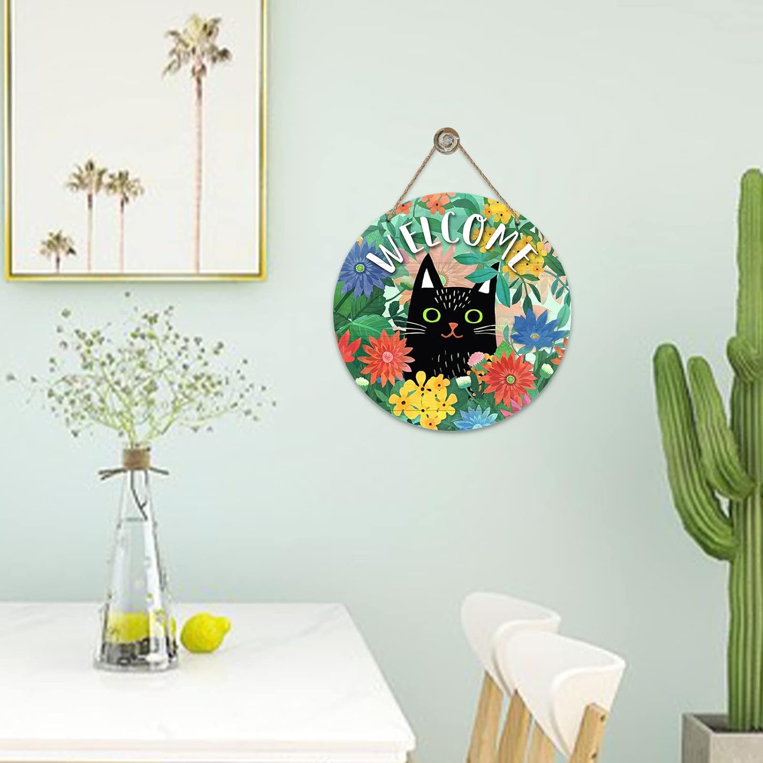 Spring's Furry Welcome!-Black Cat Doorplate with Daisy Wreath-Patriotic Cat Lover's Dream!