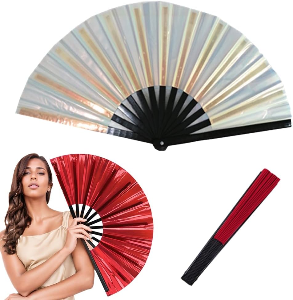 2025 New Large Holographic Folding Hand Fan Line Dance Popping Fan
