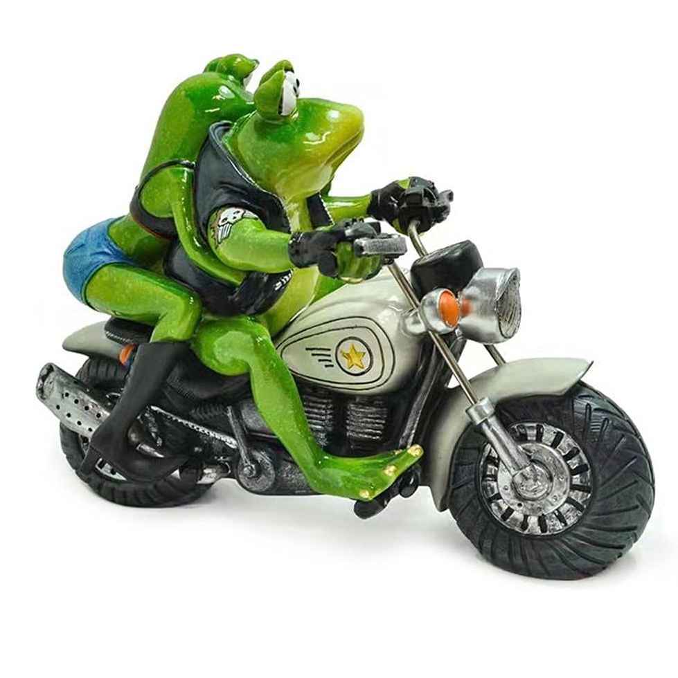 Garden Sculpture Funny Frogs Couple on Motorcycle Statues