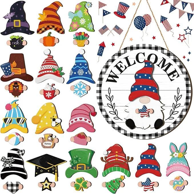 🎉Interchangeable Wooden Gnome Welcome Sign🎈