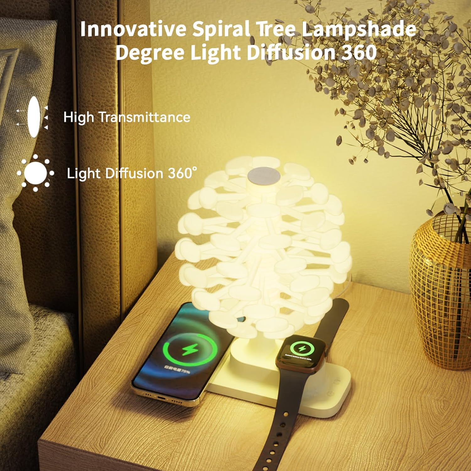 Rotating Spiral Tree Lamp – Wireless Charging & Dimmable Table Light